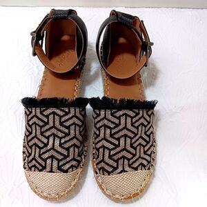 Crown Vintage Bonire 2 Women’s Sz 8.5 Black/Tan Sandal Ankle Strap Fringe Burlap